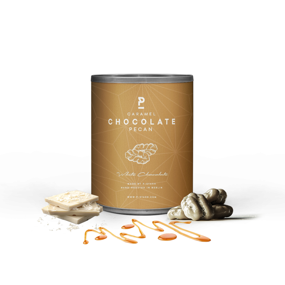 Pekannüsse in weißer Schokolade mit Karamell